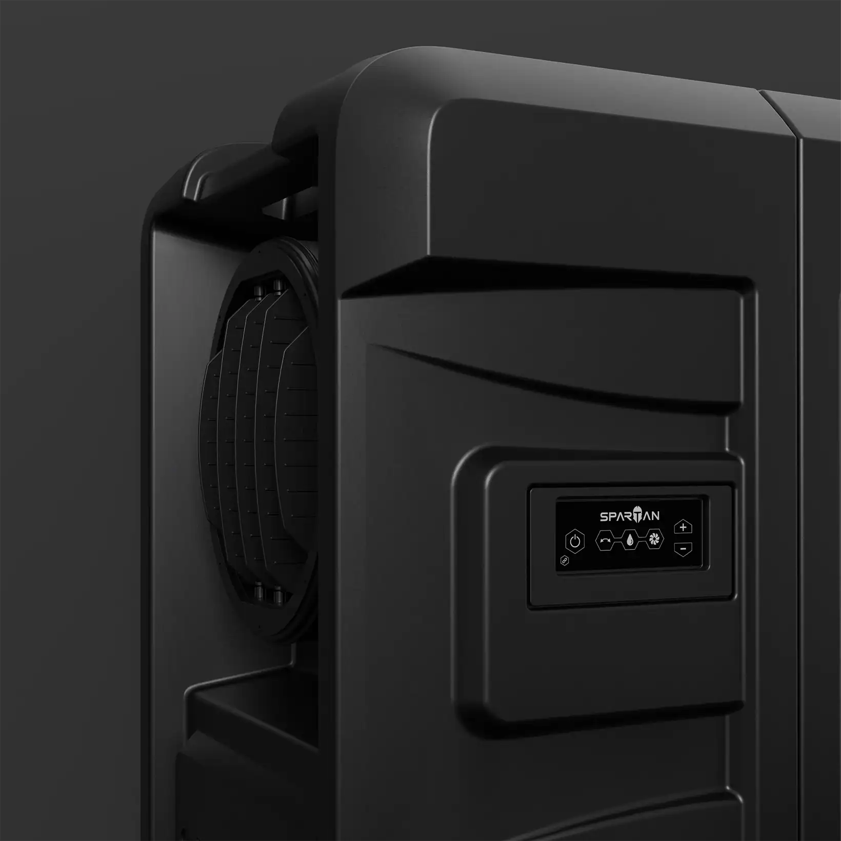 Close-up of the Spartan evaporative cooler’s control panel and vent system, emphasizing its durable and modern industrial design.