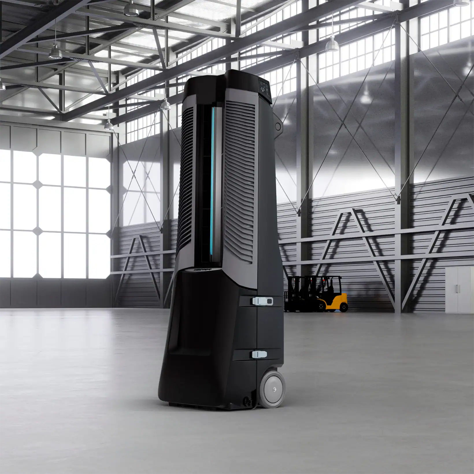 Vector evaporative cooler standing inside a modern industrial warehouse.