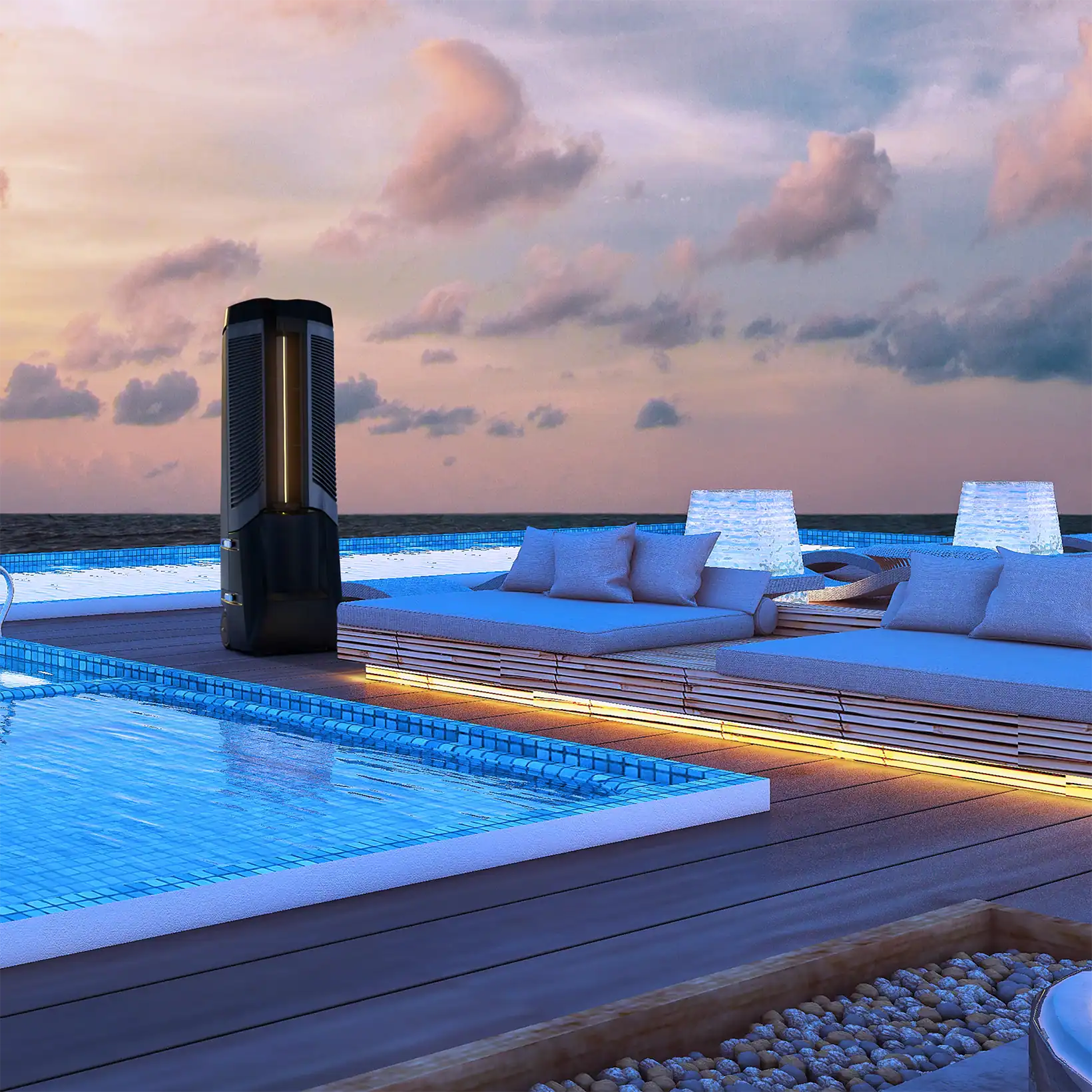 The Vector evaporative cooler stands beside a modern outdoor pool lounge at sunset, featuring sleek black design and soft ambient lighting.