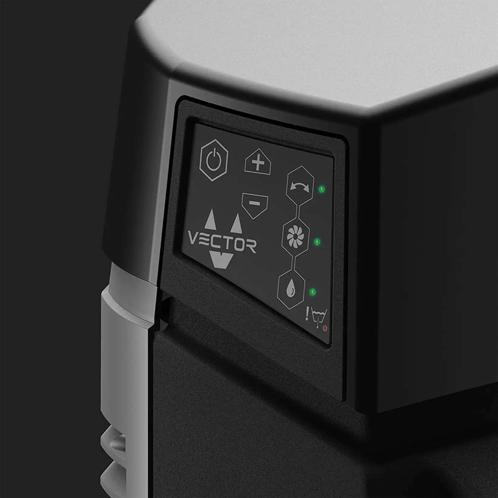 Close-up of the Vector evaporative cooler control panel showing illuminated indicators and sleek black design, highlighting its smart airflow and modern interface.