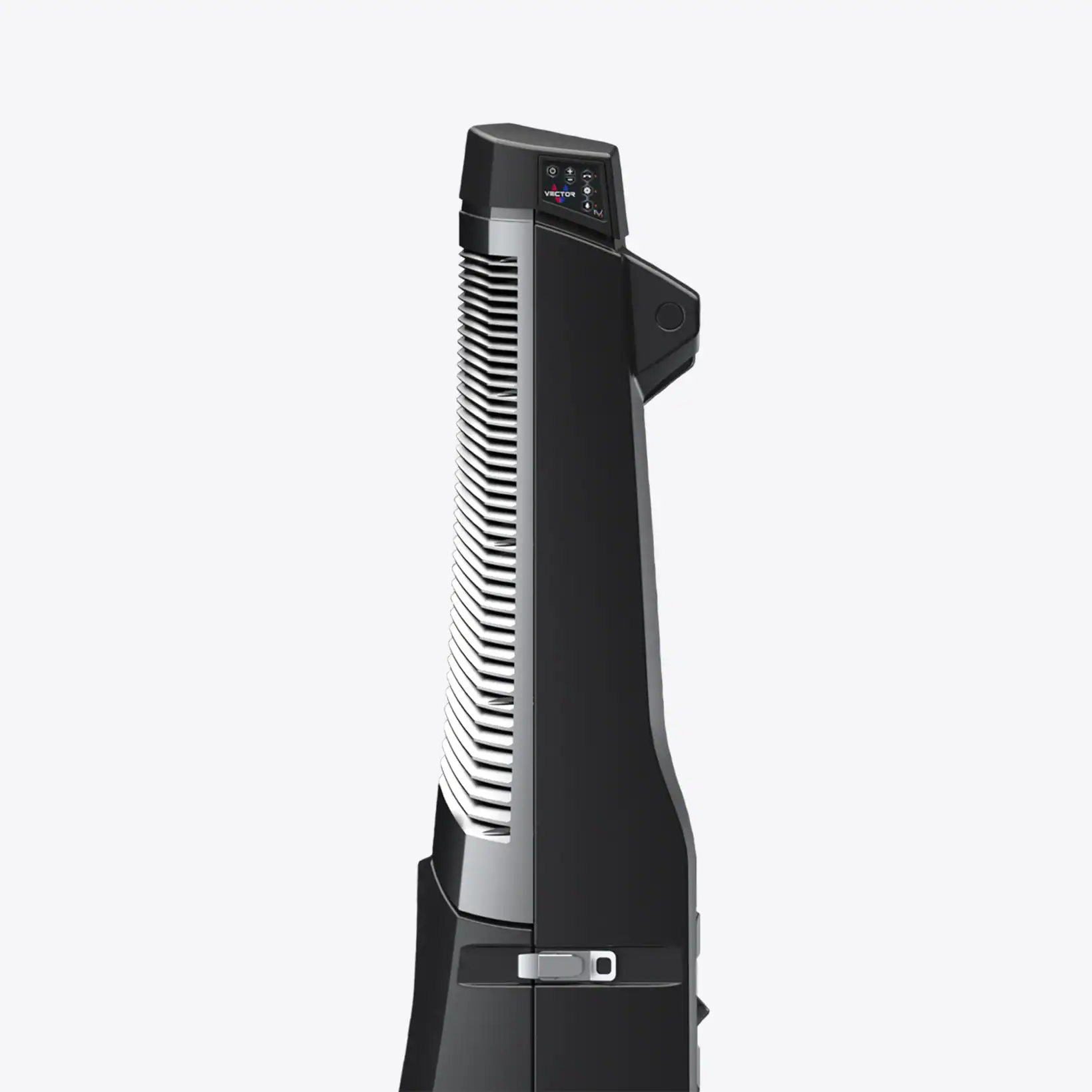 Side view of the Vector evaporative cooler showcasing its sleek aerodynamic design, vented panels, and digital control interface.