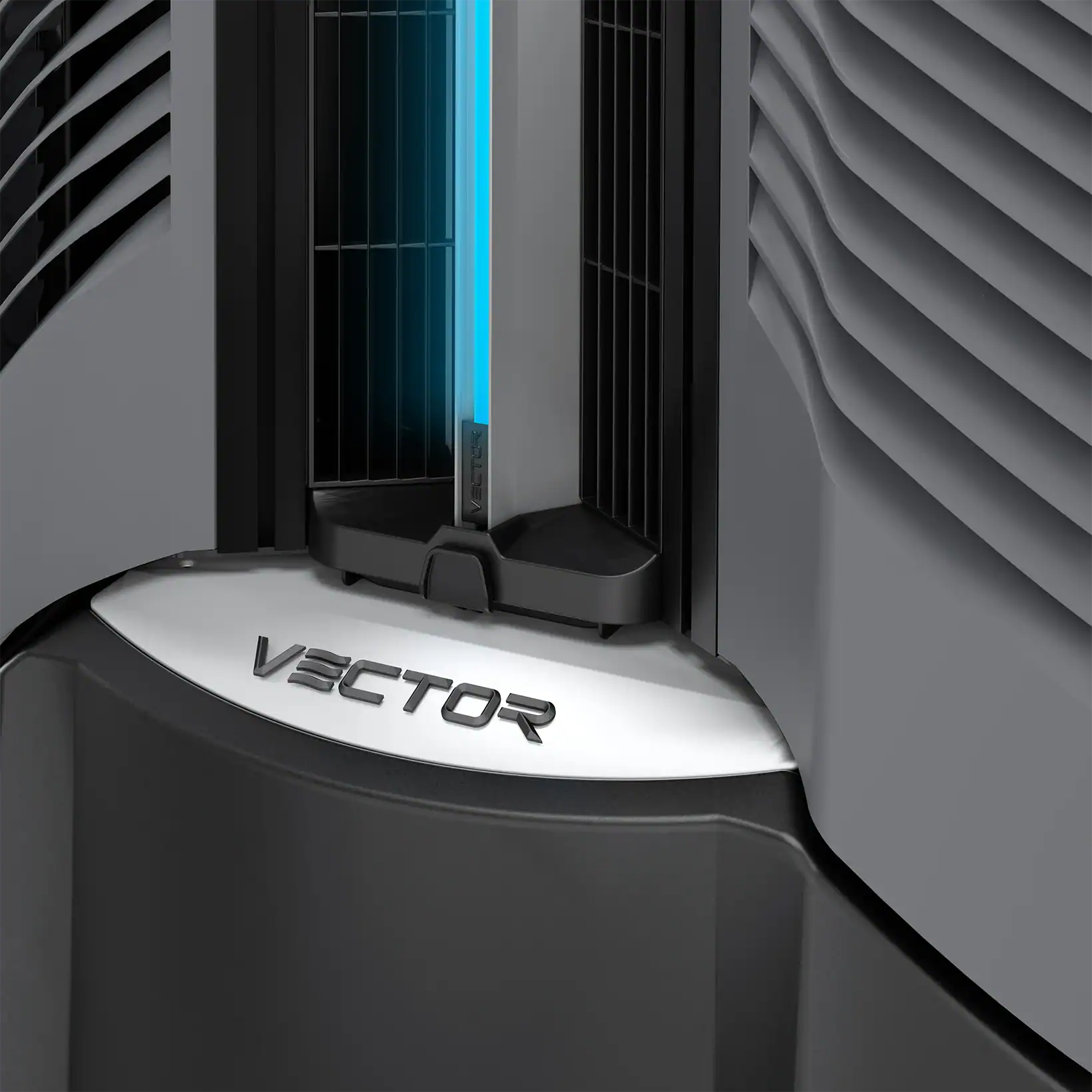 Close-up of the Vector evaporative cooler showing its illuminated cooling core and precision air vents, highlighting its modern engineering and sleek design.