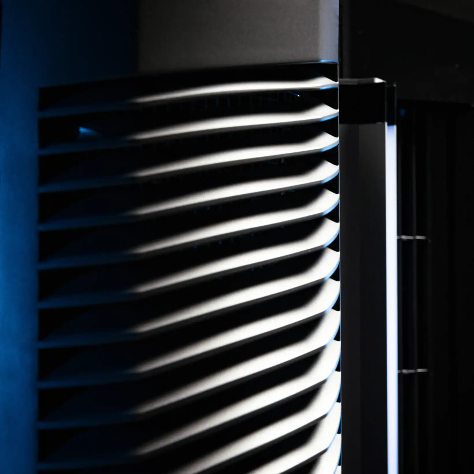 Close-up of the Vector evaporative cooler’s aerodynamic vent design, emphasizing its precision airflow structure and modern industrial aesthetic.