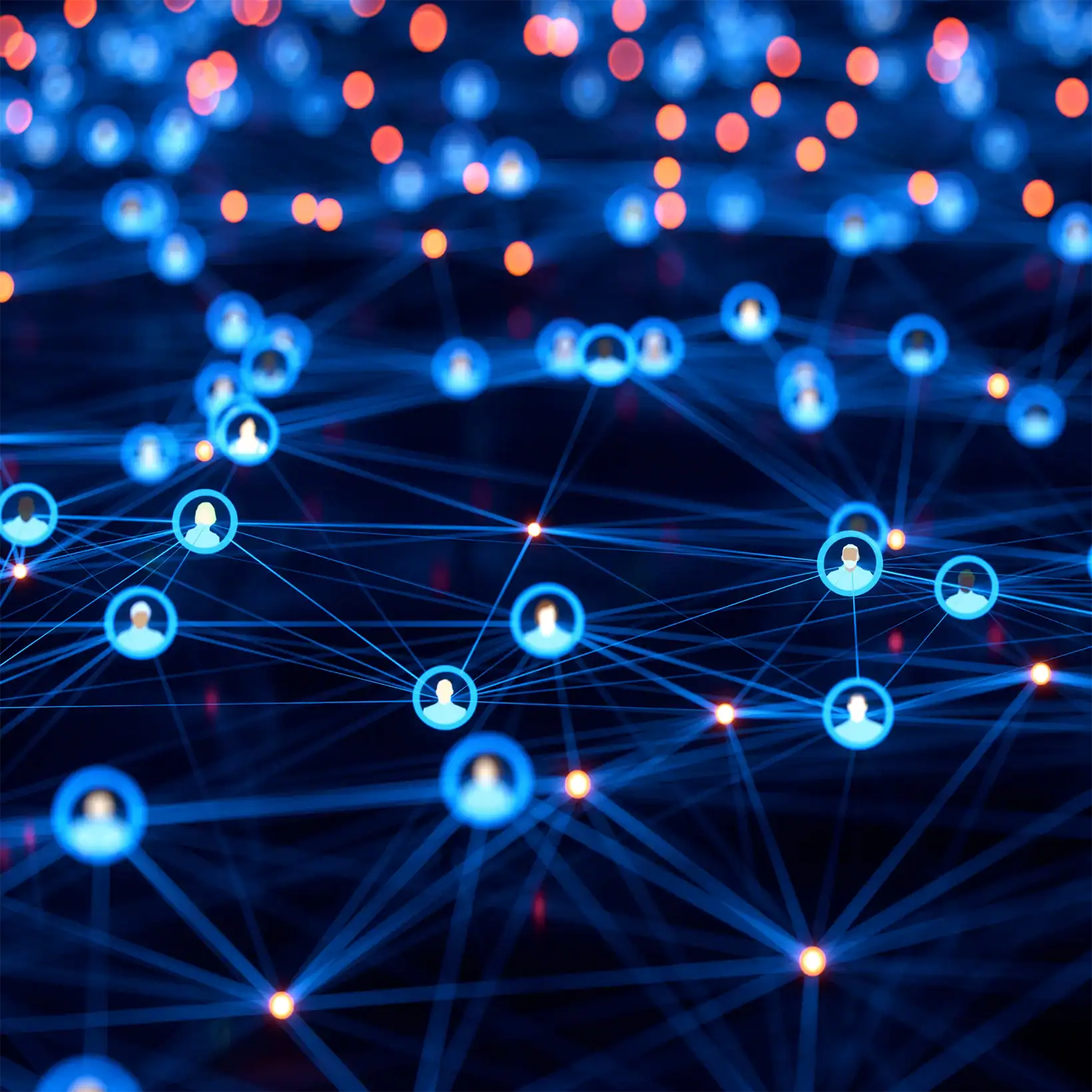 Network of blue dots interconnected by lines, illustrating a complex web of relationships or data points