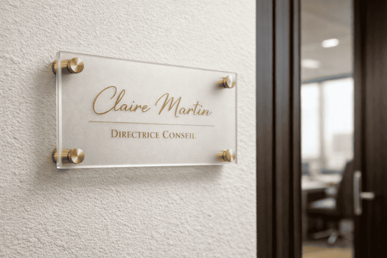 Frosted acrylic office sign with gold hardware