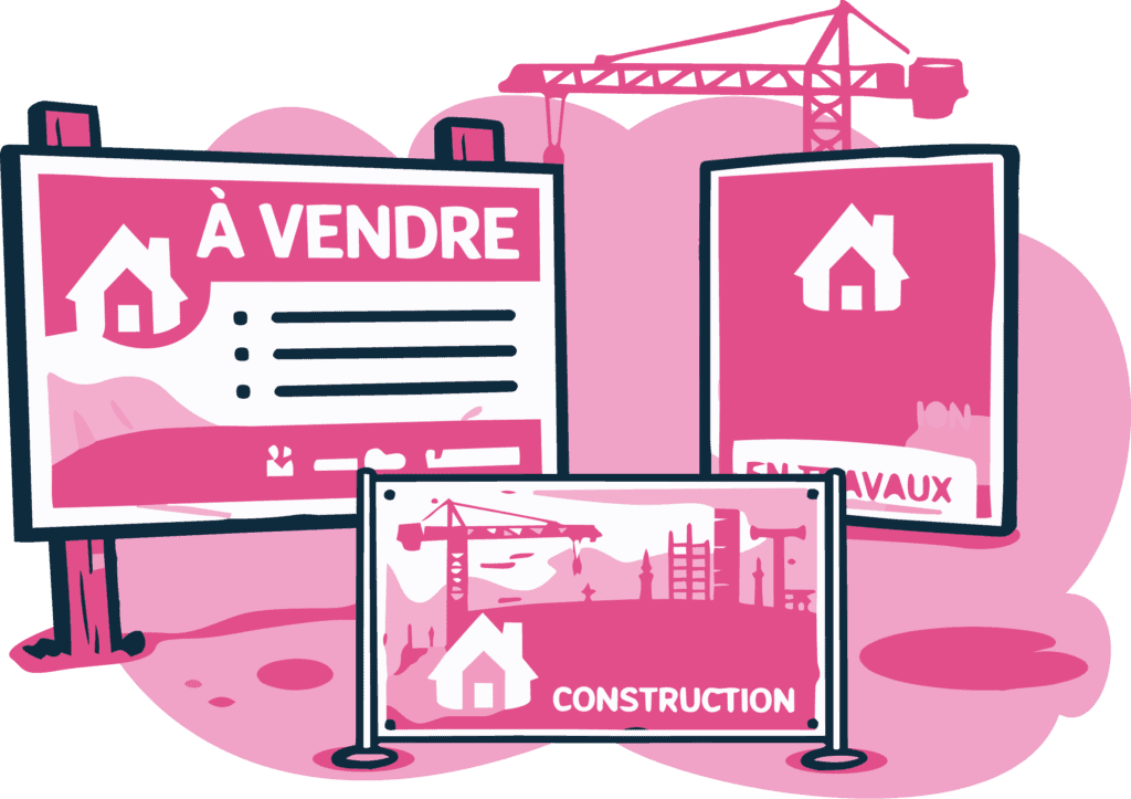 Real estate signs for sale and construction