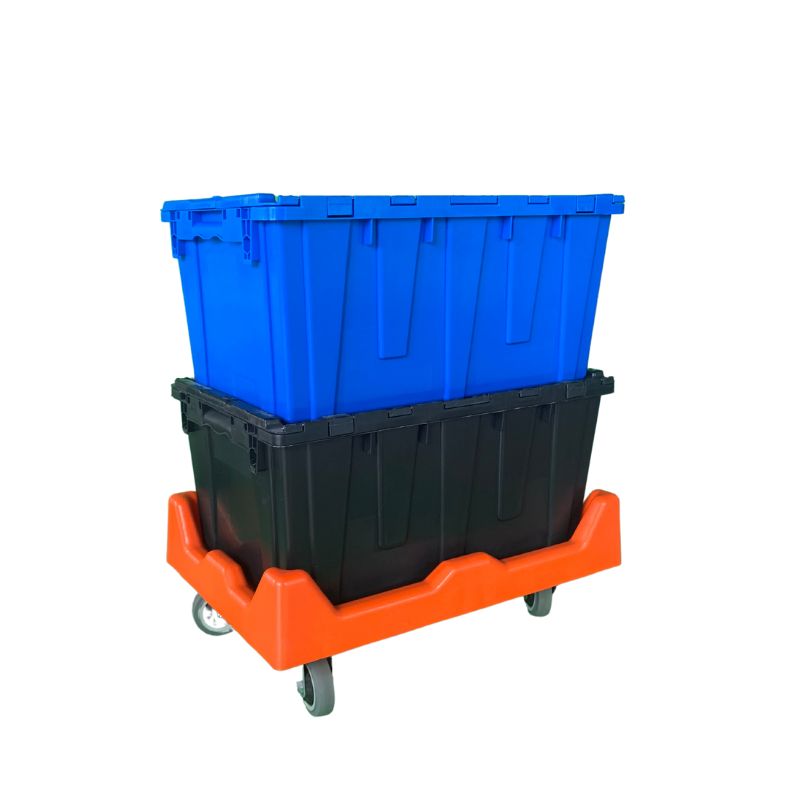 a blue and a black plastic moving box on an orange dolly