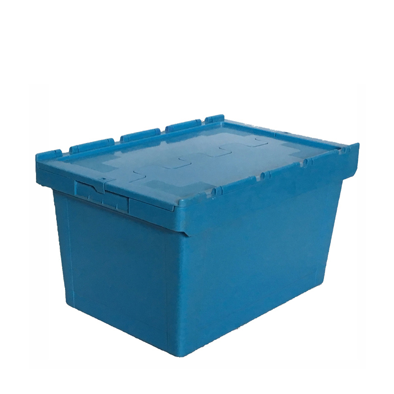 a blue Plastic Tote Box with Attached Lids