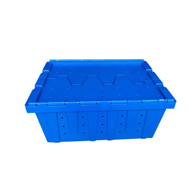 a blue plastic attched lid container with holes