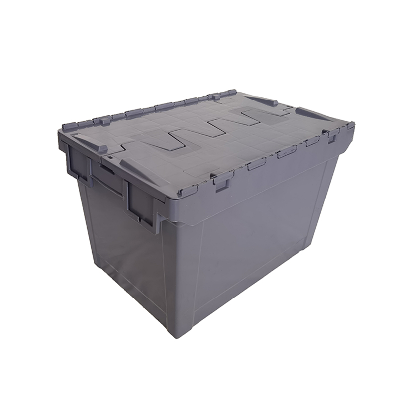a grey plastic moving crate with lid