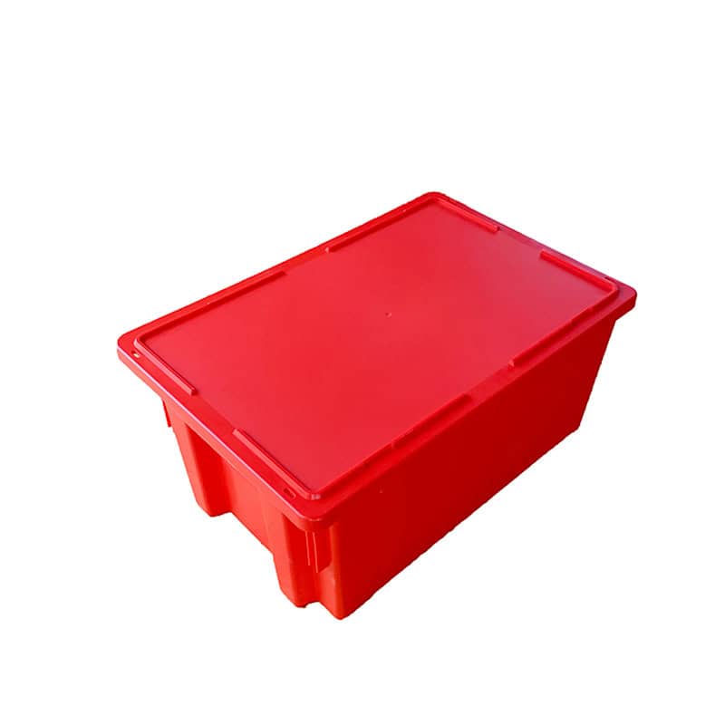 a red stackable nestable plastic container with lid