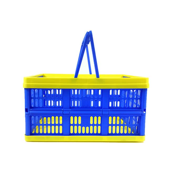a blue plastic basket with two handles