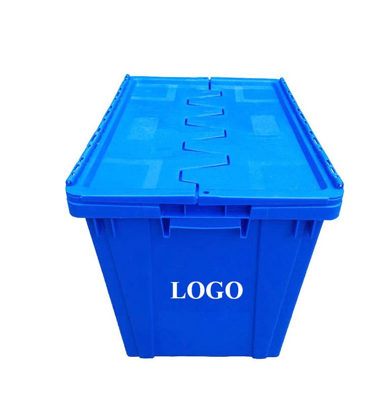 a blue attached lid container with logo printing