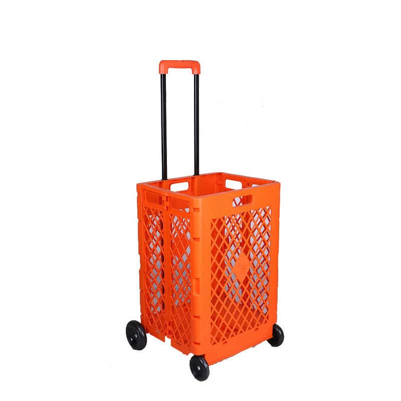 a rolling basket crate with four wheels