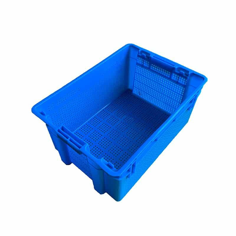 a blue plastic vegetable crate