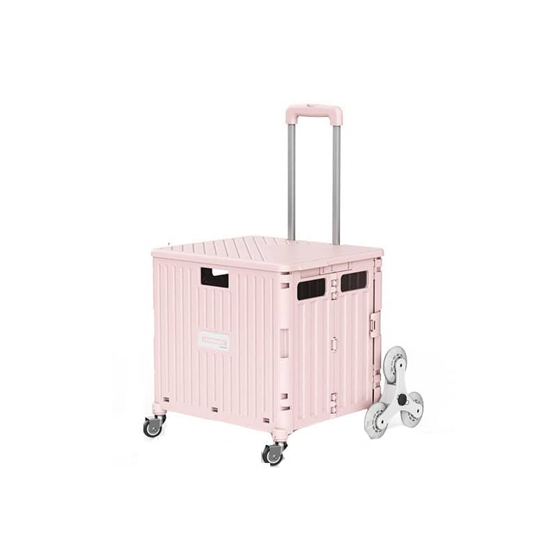pink wheeled boxes with stair climbing caters