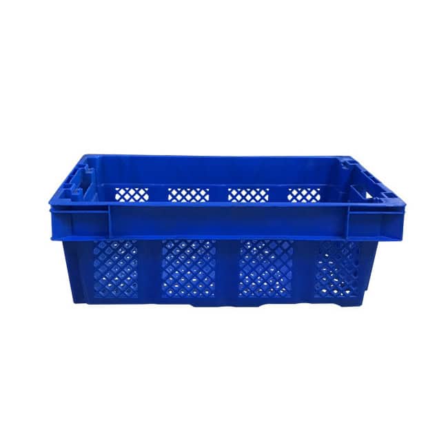 a blue stackable and nestable perforated plastic crate