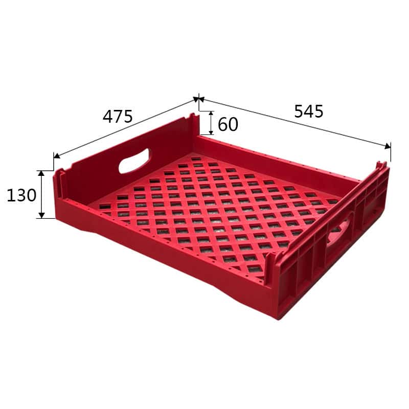 a red plastic bread crate
