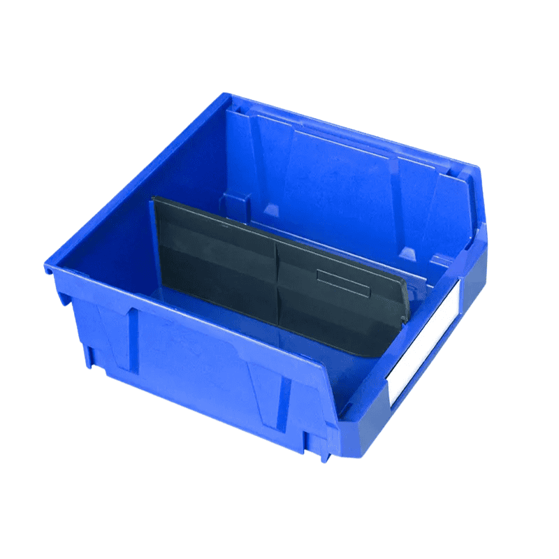 a blue parts bin with divider