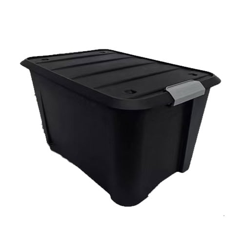 a black storage bin with lid