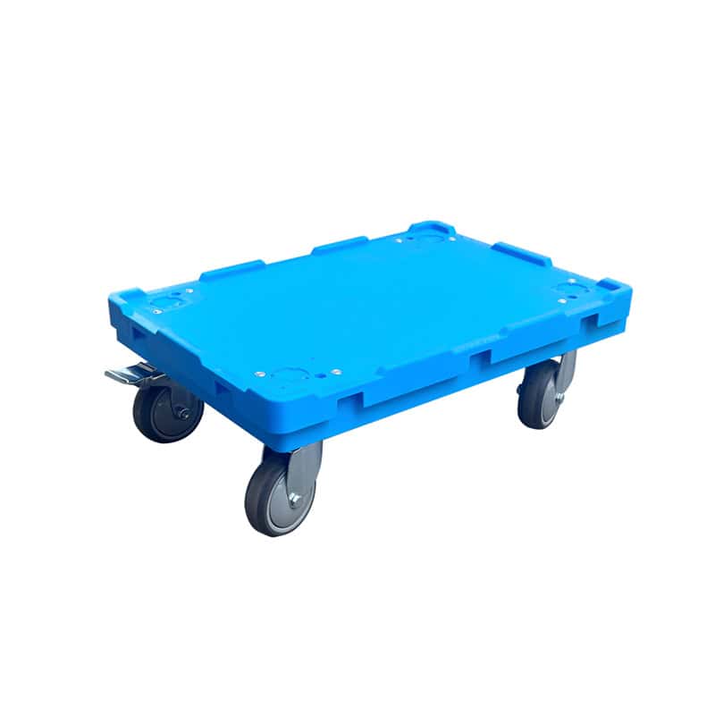 a blue platform dolly cart