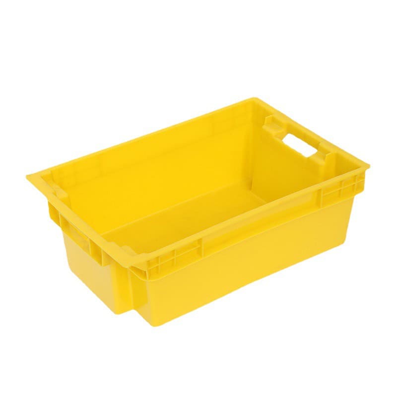 a yellow plastic stack nestable container