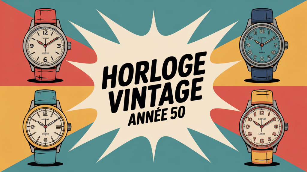 Collection horloge vintage année 50 sur fond rétro coloré