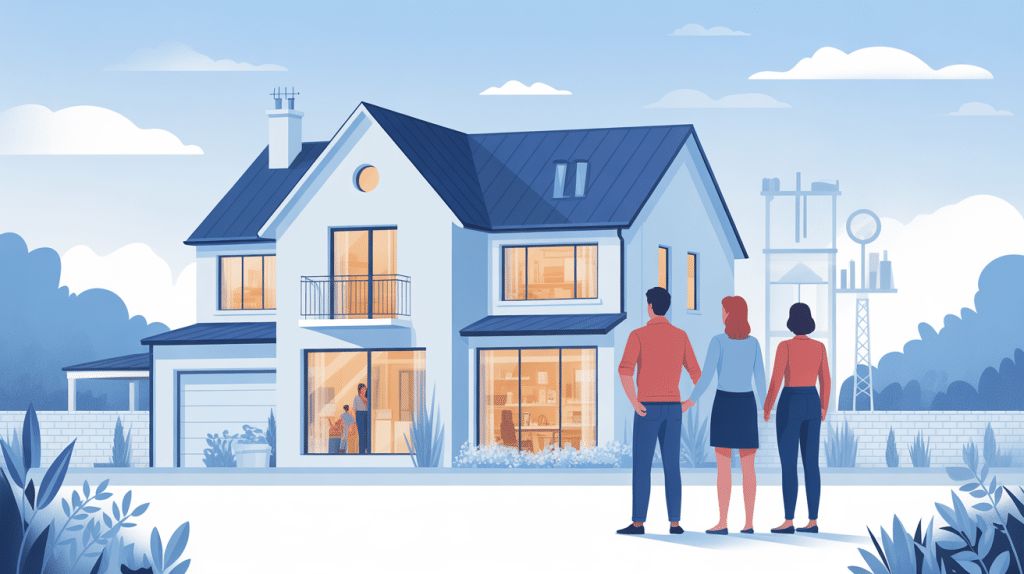 Maison blanche constructeur famille devant maison moderne