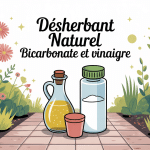 Recette désherbant naturel bicarbonate et vinaigre illustration jardin allée pulvérisateur