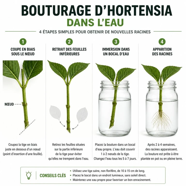 Étapes illustrées du bouturage d'hortensia dans l'eau