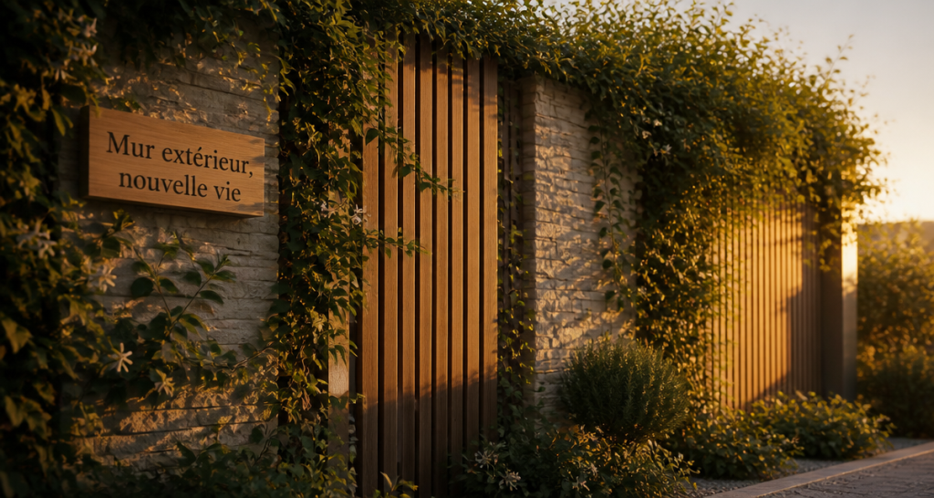 Idee pour cacher un mur exterieur avec plantes grimpantes, bois et pierre