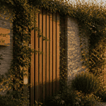 Idee pour cacher un mur exterieur avec plantes grimpantes, bois et pierre