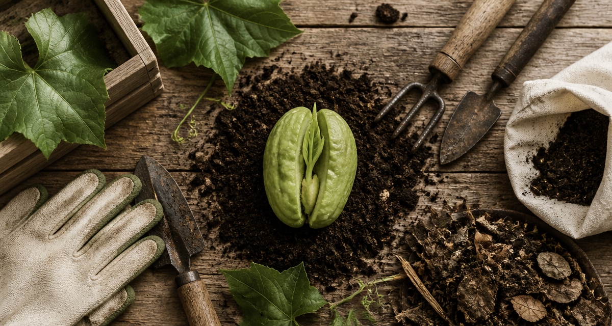 Planter chouchou sur terreau avec outils