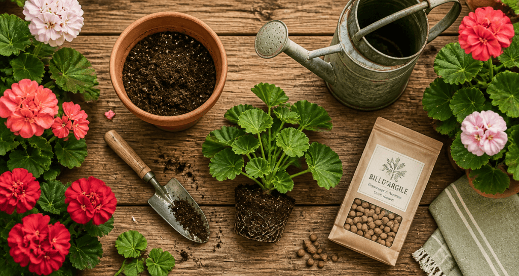 quand planter geranium outils et jeune plant sur table