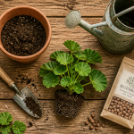 quand planter geranium outils et jeune plant sur table