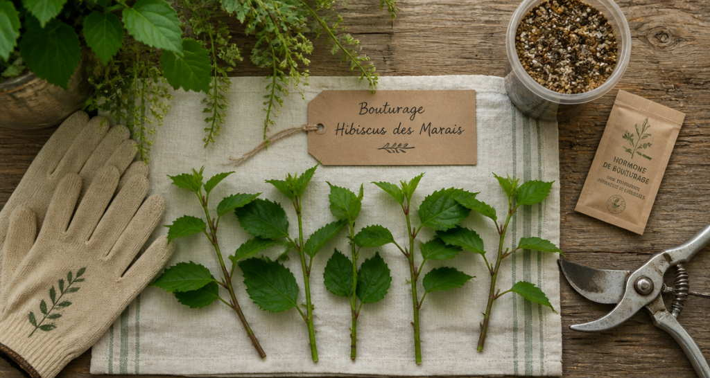 Bouture hibiscus des marais sur table avec outils
