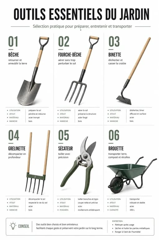 Infographie des outils de jardinage essentiels pour l'entretien du potager