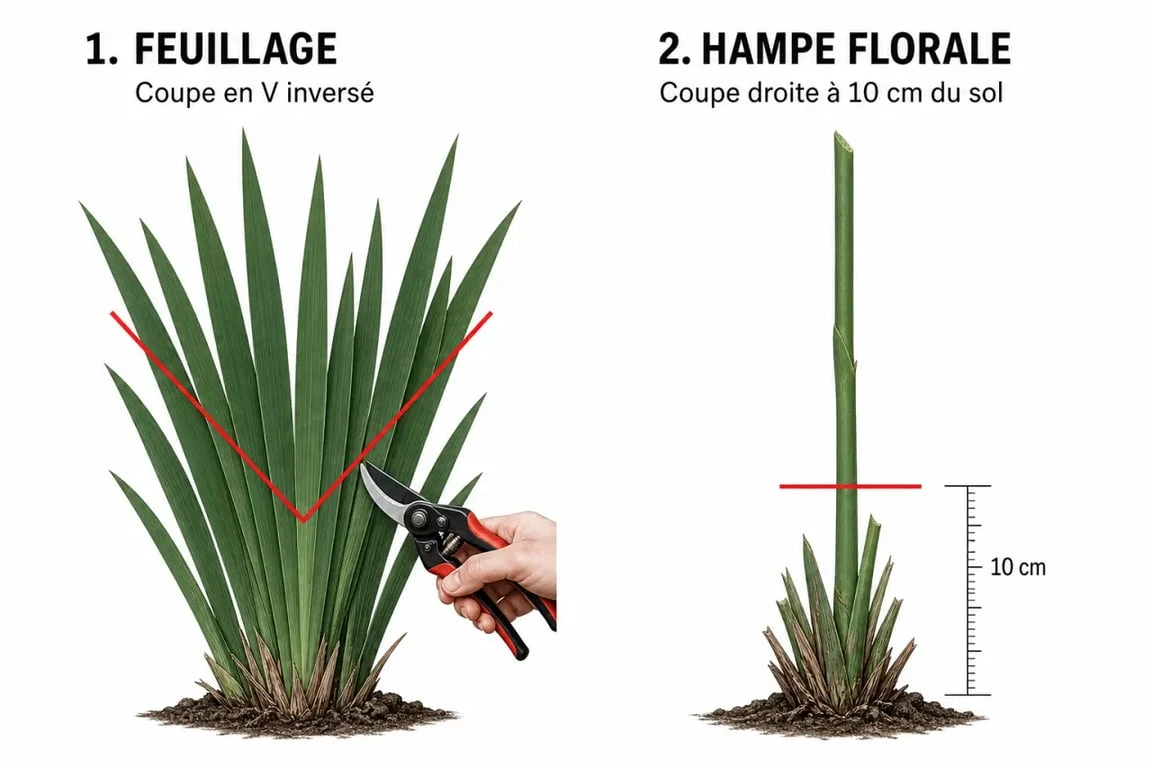 Schéma explicatif des techniques de taille pour les iris : coupe en V du feuillage et taille de la hampe florale