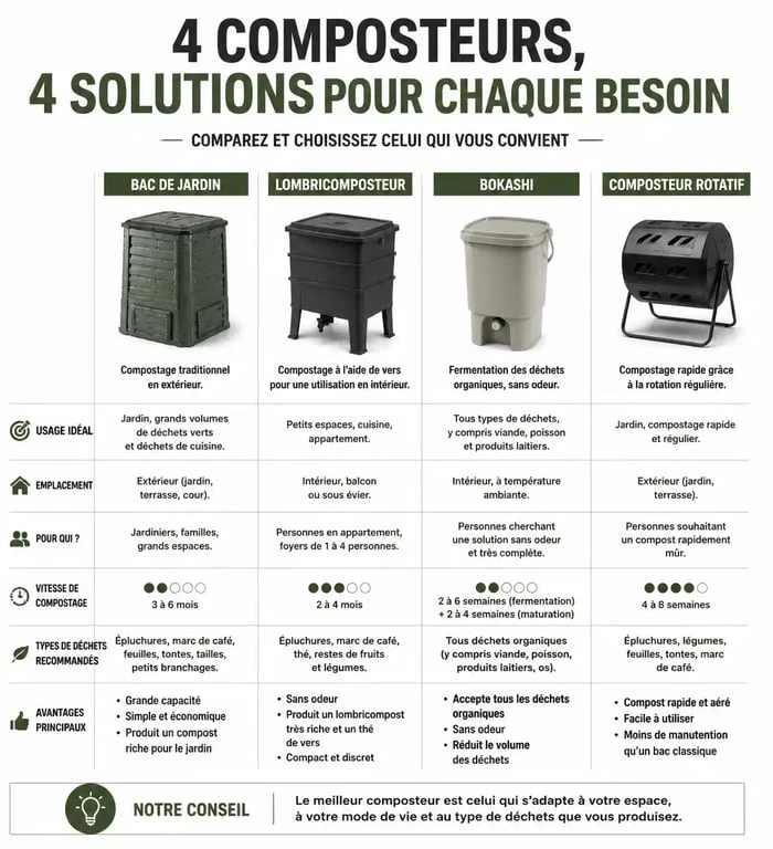 Infographie comparative pour choisir son composteur selon son habitat et ses besoins