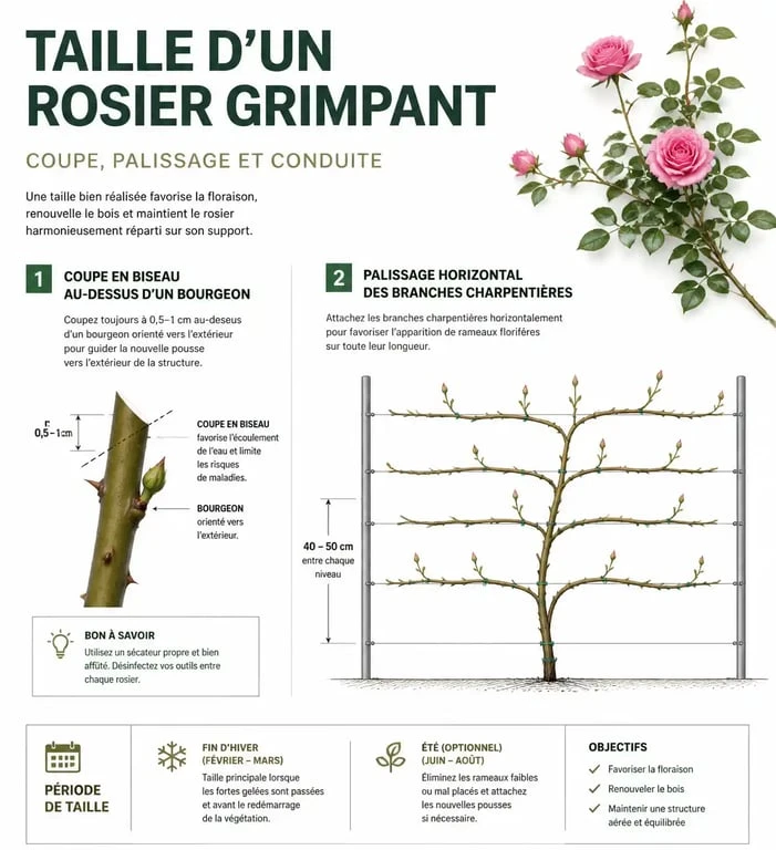 Schéma explicatif pour la taille et le palissage des rosiers grimpants