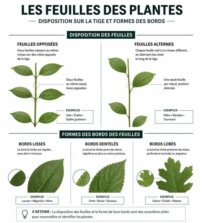 Infographie sur comment reconnaître une plante par l'observation des feuilles et tiges pour l'identification botanique.