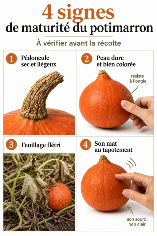 Infographie illustrant les 4 signes de maturité pour savoir quand ramasser les potimarrons au jardin.
