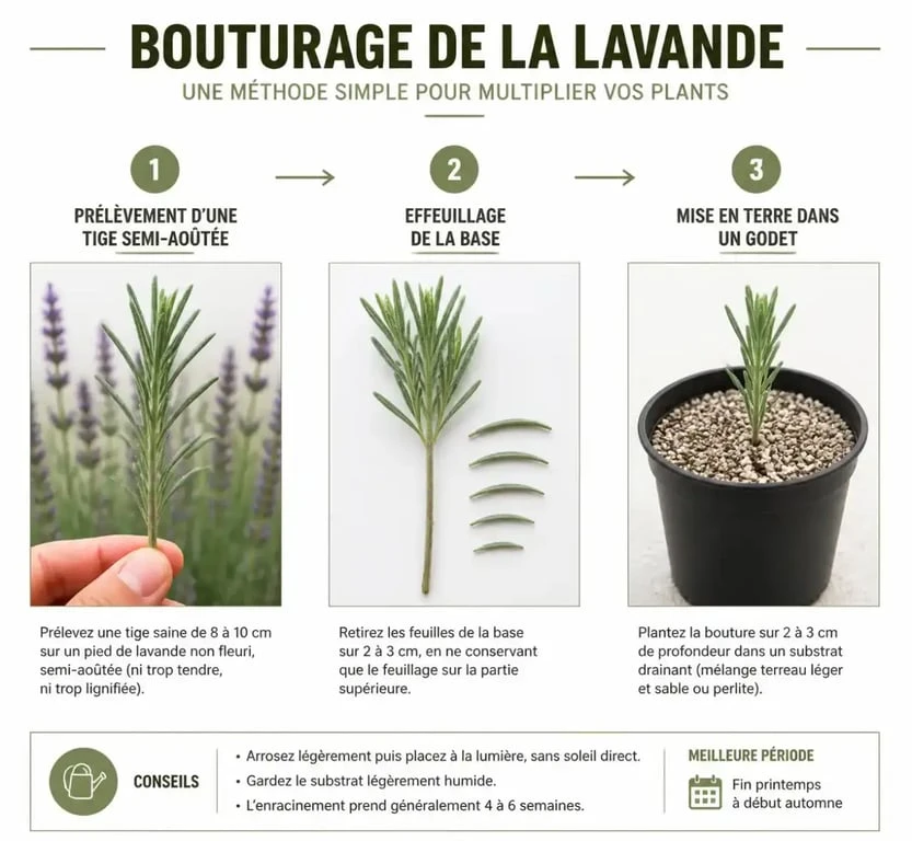 Étapes illustrées pour réussir le bouturage de la lavande au jardin