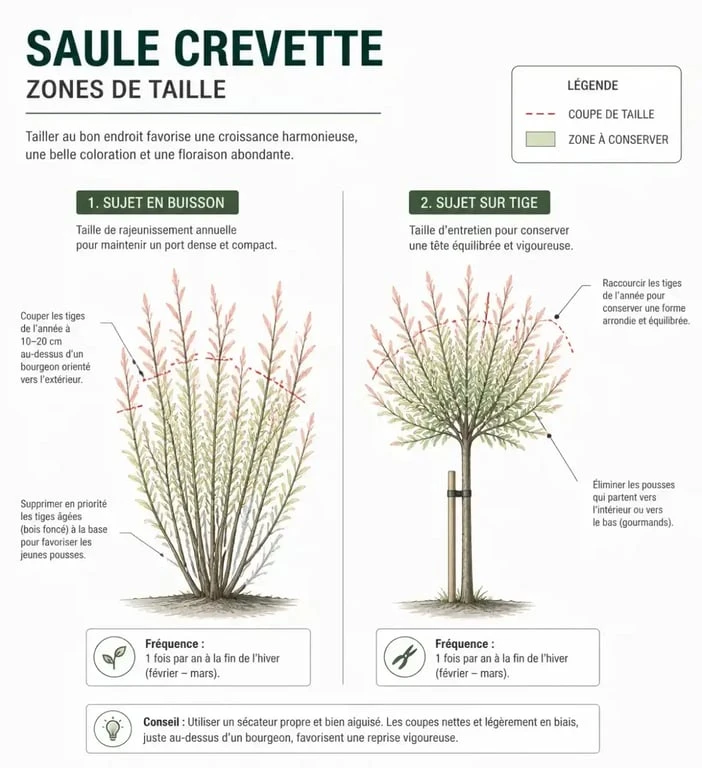 Schéma explicatif de la taille du saule crevette en buisson et sur tige