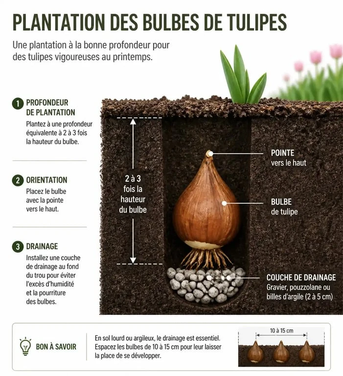 Schéma explicatif de la profondeur et de la méthode pour planter les tulipes au jardin