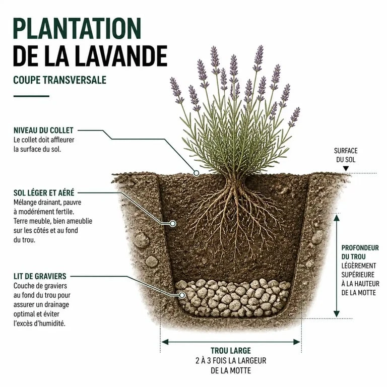 Schéma de plantation de la lavande : conseils pour réussir la mise en terre et le drainage.