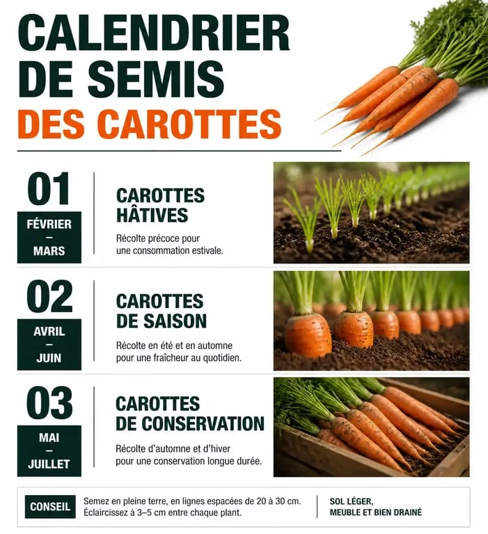 Calendrier de semis des carottes : périodes optimales pour semer les carottes hâtives, de saison et de conservation au potager.