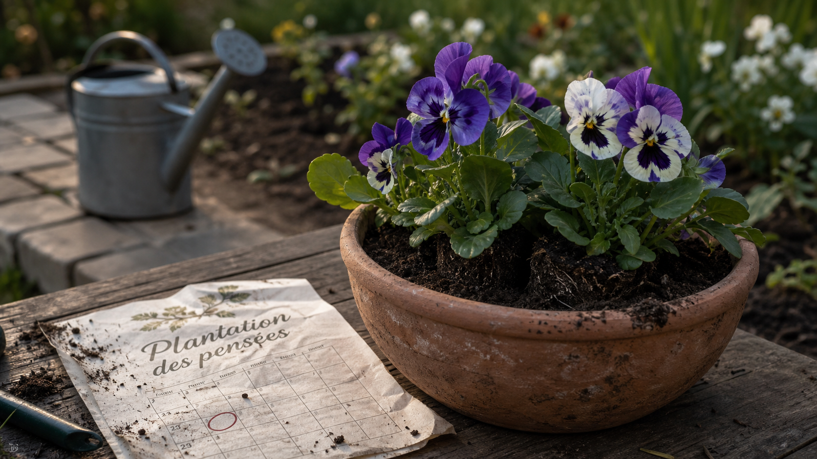 Quand planter des pensées : jeunes pensées violettes et blanches en jardinière