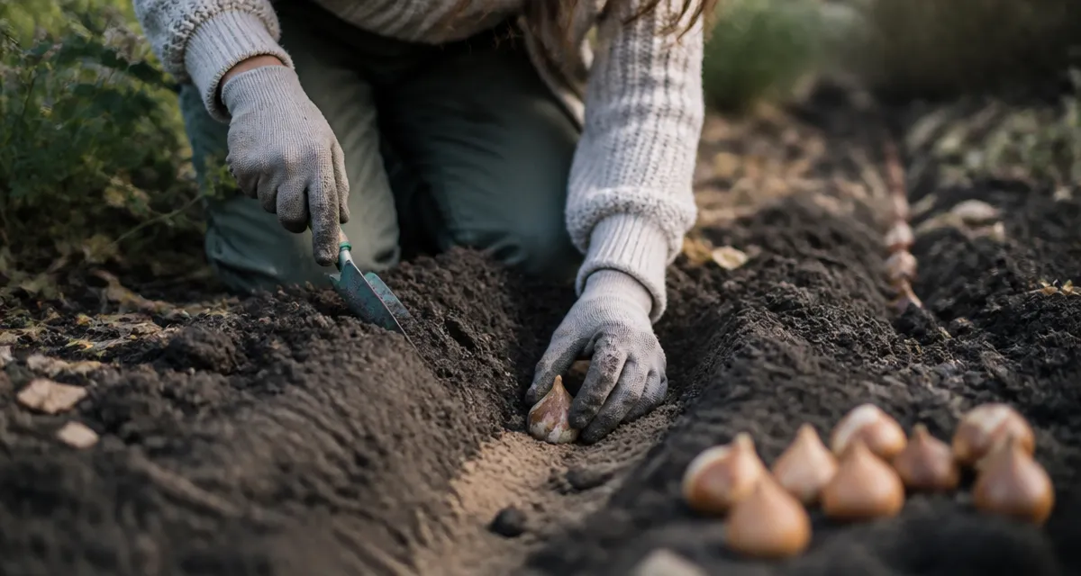 Quand planter les tulipes : jardinière dépose des bulbes dans la terre en septembre