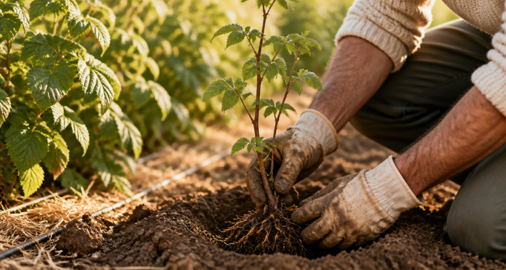 Quand repiquer des framboisiers, plantation d'un jeune plant